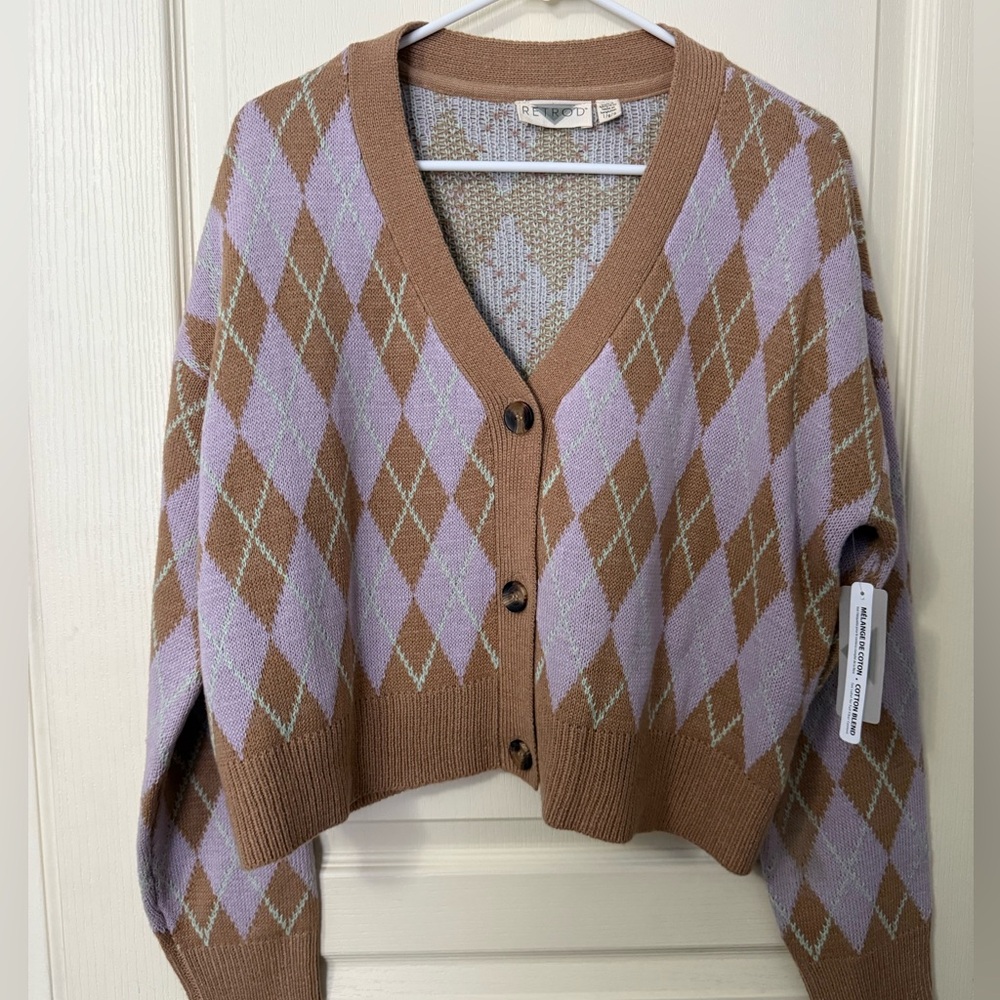 Argento Vivo Lavender & Brown Argyle V-Neck Cardigan